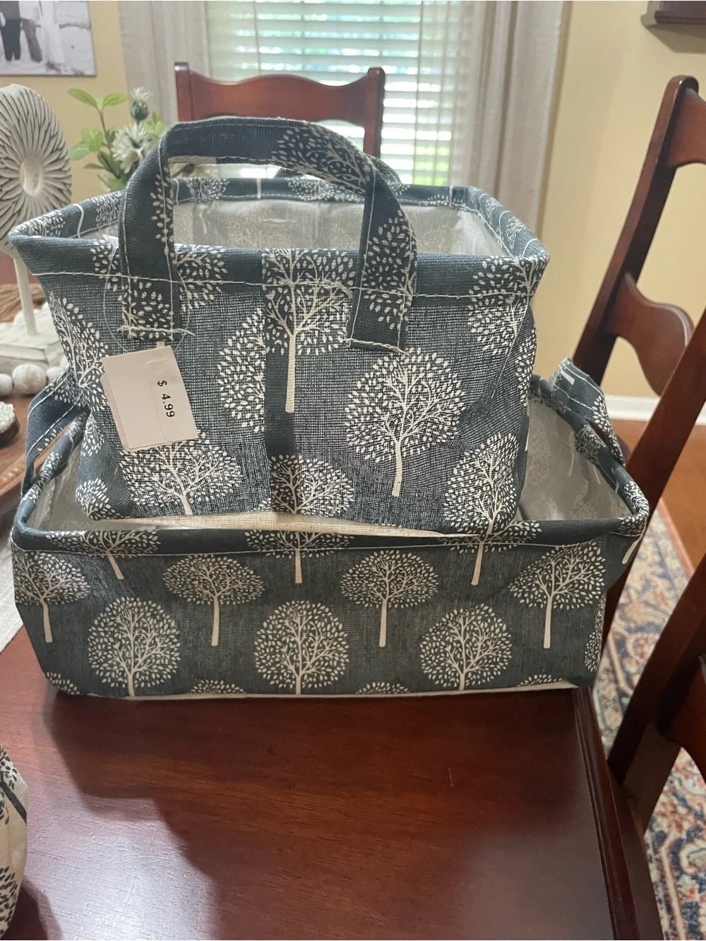 The Container Store Beige and Black Canvas Tree Print Storage Tote- Set of Four